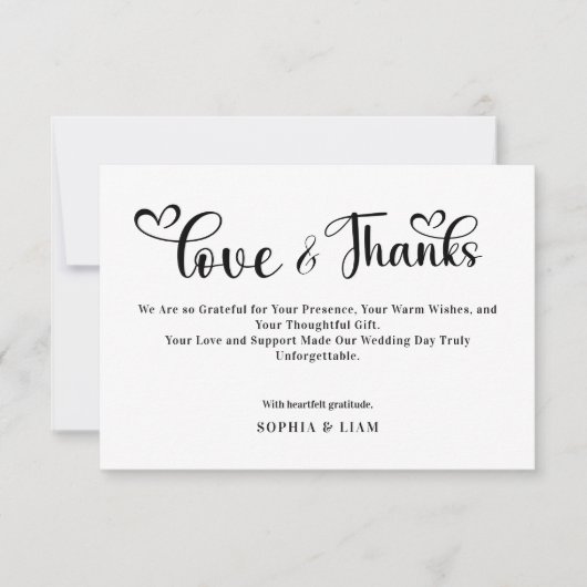 Elegant Love and Thanks Heart Script Wedding Bedankkaart (Voorkant)
