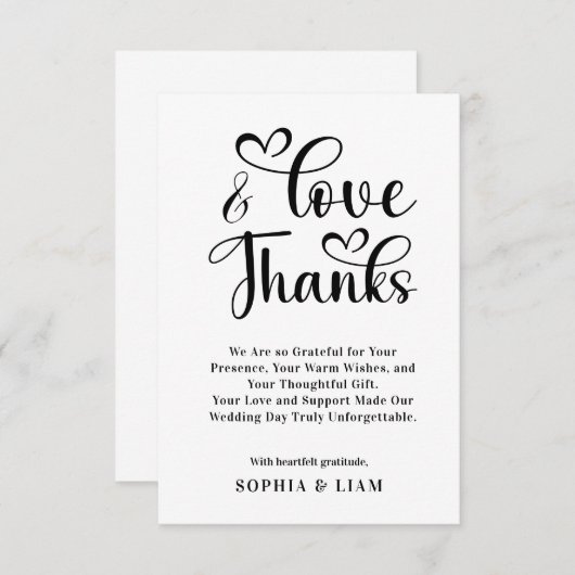 Elegant Love and Thanks Heart Script Wedding  Bedankkaart (Voorkant / Achterkant)