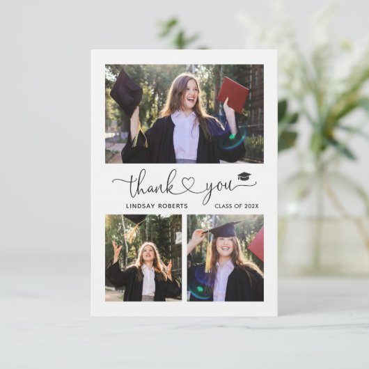 Elegant Love Heart Script Afstuderen 3 Foto Bedankkaart (Staand voorkant)
