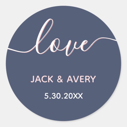 Elegant Love Script Navy & Blush Wedding Date Ronde Sticker (Voorkant)