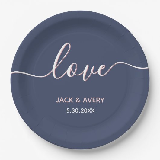 Elegant Love Script Navy & Blush White Wedding Papieren Bordje (Voorkant)