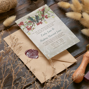 Elegant  Lovebird Red Silver Wedding Kaart