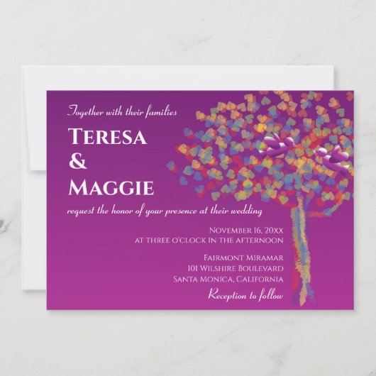 Élégant Lovebirds Cassis violet Faire-part de mari (Devant)