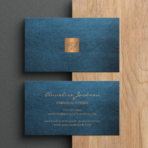 Elegant luxe blauw lederkoper goudmonogram visitekaartje