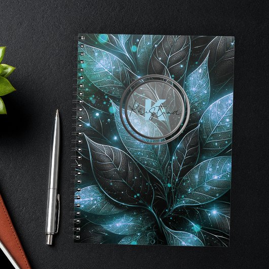 Elegant luxe Blauwgroen zwart gloeiend gebladerte Notitieboek