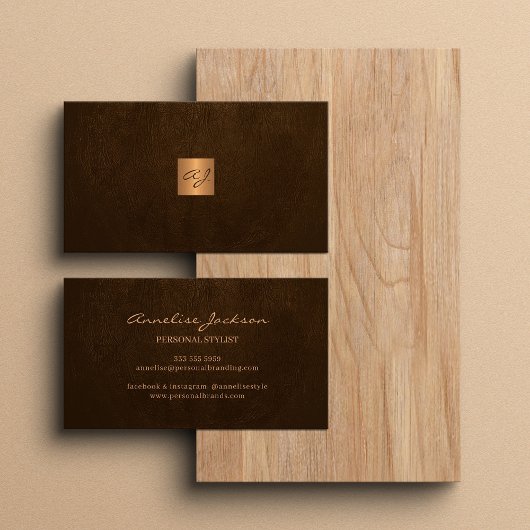 Elegant luxe bruin lederkoper goudmonogram visitekaartje