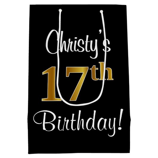 Elegant, Luxe, Faux Gold Look 17e verjaardag Medium Cadeauzakje (Achterkant)