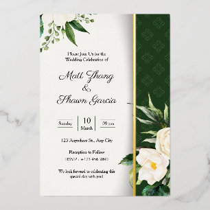 Elegant & Luxe Groen Wit Bloemen Goud Folie Uitnodiging