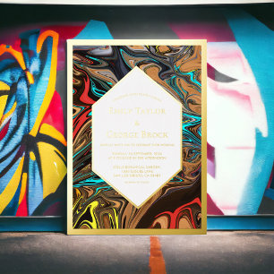 Elegant Luxe Kleurrijke Abstracte Kunst Trouwgoud Folie Uitnodiging