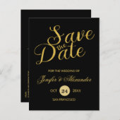 Elegant luxe zwarte goudbruiloft, bewaardatumscrip aankondigingskaart (Voorkant / Achterkant)