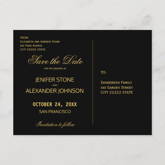 Elegant luxe zwarte goudbruiloft, bewaardatumscrip aankondigingskaart (Achterkant)