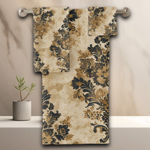 Elégant Luxueux Black Gold Beige Ivory Damask