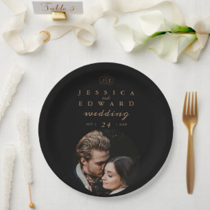Elegant Luxury Black Gold Monogram Foto Weduwschap Papieren Bordje