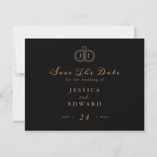 Elegant Luxury Black Gold Ring Monogram Foto Save The Date (Voorkant)
