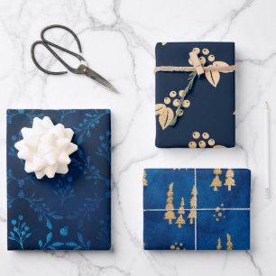Elegant Luxury Blue Gold Leaves Berries Inpakpapier Vel