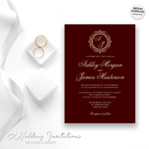 Elegant Luxury Gold Monogram Burgundy Wedding Kaart