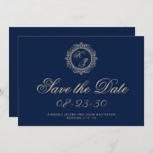 Elegant Luxury Gold Monogram Navy Blue Wedding Save The Date (Voorkant / Achterkant)
