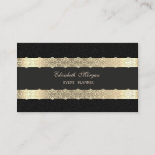 Elegant Luxury Modern, Gold Striped, Lace, Black Visitekaartje