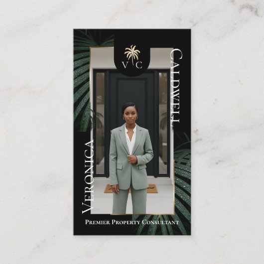 Elegant Luxury Tropical Palm Tree Monogram Photo Visitekaartje (Voorkant)