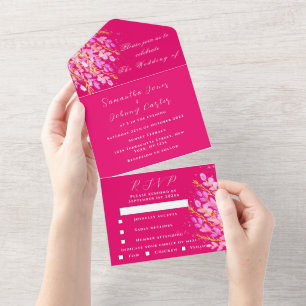 Elegant Magenta Fuchsia Waterverf Floral Wedding All In One Uitnodiging
