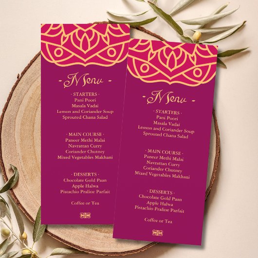 Elégant Magenta Gold Mandala Indian Mariage Menu