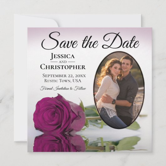 Elegant Magenta Plum Roos met Ovaal Fotohuwelijk Save The Date (Voorkant)