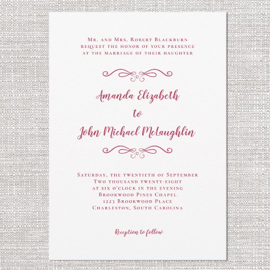 Elegant Magenta Red Script Classic Formal Wedding Kaart