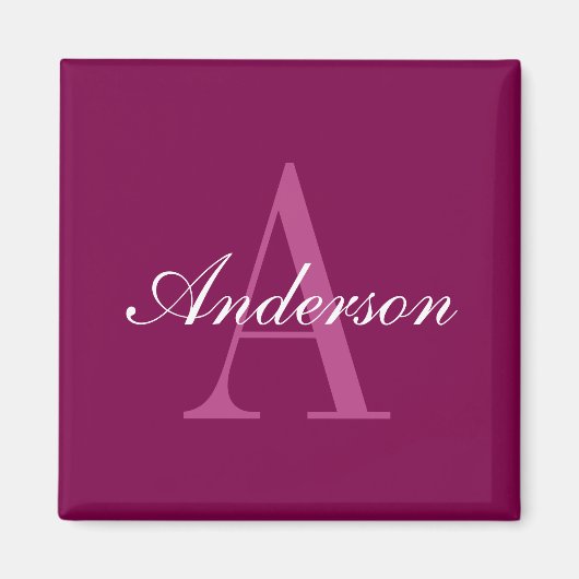 Elegant Magenta Rood, Roze & Witte Naam & Monogram Magneet (Voorkant)