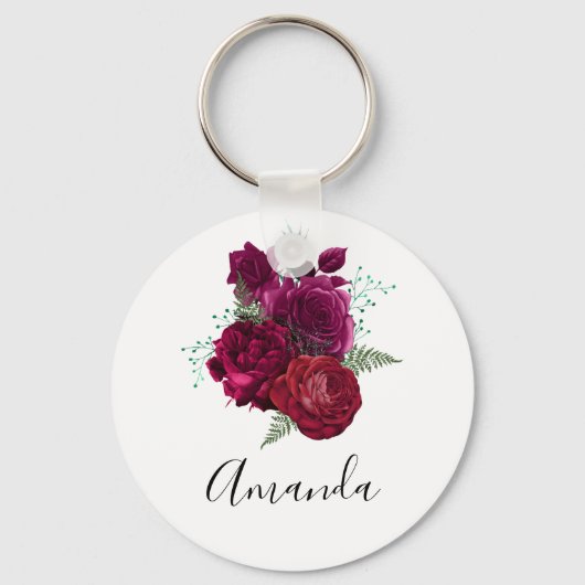 Elegant Magenta Roos Floral Bouquet Sleutelhanger (Voorkant)