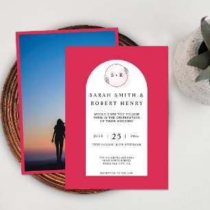 Elegant Magenta roze Arch Monogram Foto bruiloft Kaart