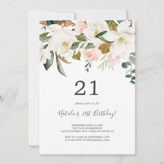 Elegant Magnolia | 21ste verjaardag wit en zwart Kaart (Voorkant)