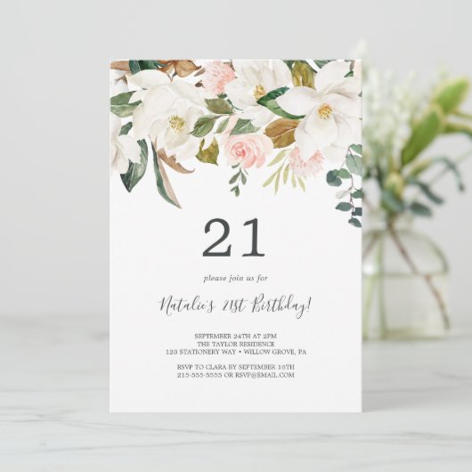 Elegant Magnolia | 21ste verjaardag wit en zwart Kaart (Staand voorkant)