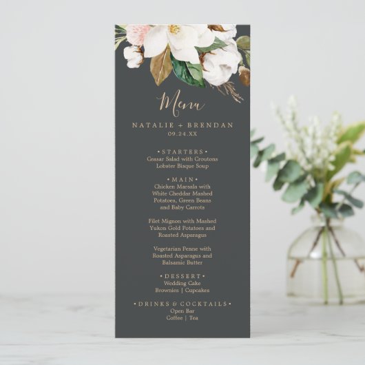 Elegant Magnolia Black & White Weddenrenmenu Menu (Staand voorkant)