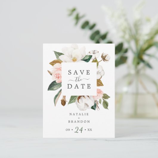 Élégant Magnolia | Blanc Enregistrer la carte post (Debout devant)