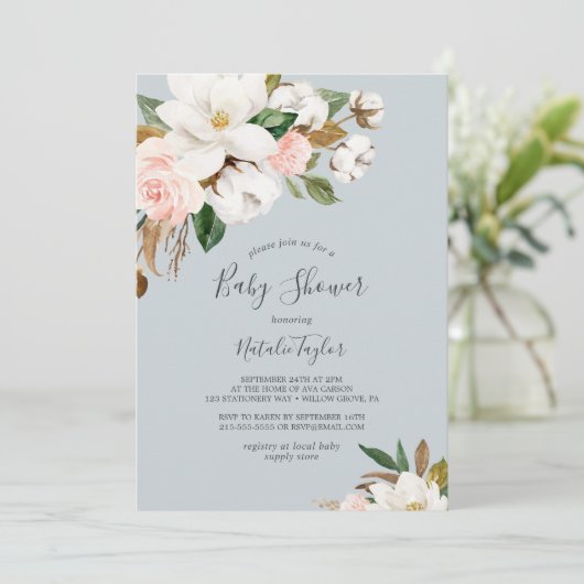 Elegant Magnolia | Blauw grijs Baby shower Kaart (Staand voorkant)