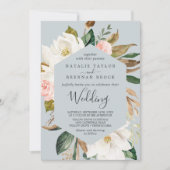 Elegant Magnolia | Blauw grijs huwelijk Kaart (Voorkant)