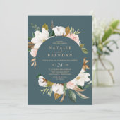 Elegant Magnolia | Blauwgroen en wit Casual huweli Kaart (Staand voorkant)