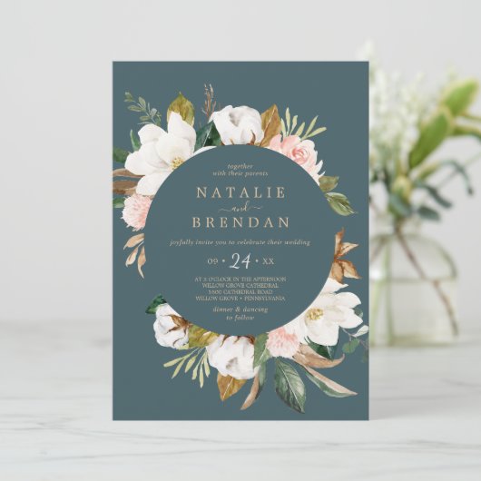 Elegant Magnolia | Blauwgroen en wit Casual huweli Kaart (Staand voorkant)