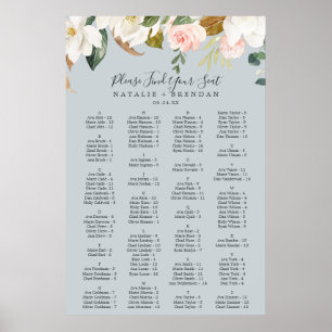 Elegant Magnolia Blue Alfabetical Seat Chart Poster