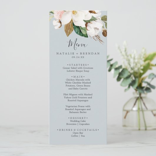 Elegant Magnolia Blue Gray Weddenrenmenu Menu (Staand voorkant)