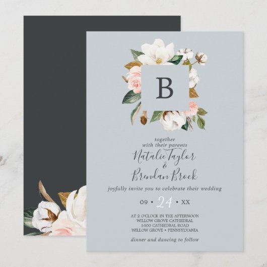 Elegant Magnolia Blue Grey in één bruiloft Kaart (Voorkant / Achterkant)