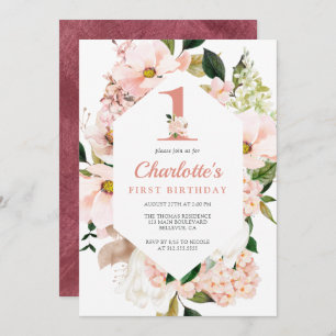 Elegant Magnolia Blush Pink Floral First Birthday Kaart