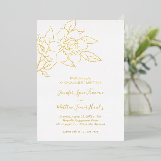 Elegant Magnolia Floral Engagement Party Gold Folie Uitnodiging (Staand Voorkant)