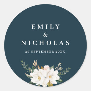 elegant magnolia floral navy blue bruiloft ronde sticker