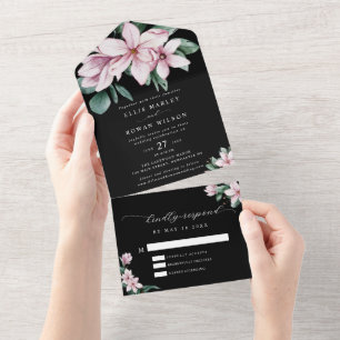 Elegant Magnolia Florals Modern Script Wedding All In One Uitnodiging