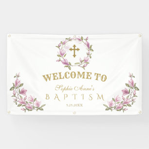 Elegant Magnolia Flowers Baptism Welcome Sign Spandoek
