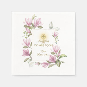 Elegant Magnolia Flowers Gold First Heilige Commun Servet