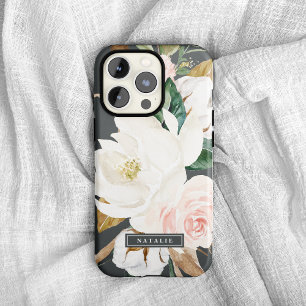 Elegant Magnolia   Gepersonaliseerde naam zwart-wi iPhone XR Hoesje