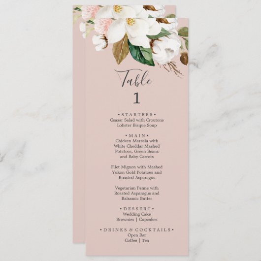 Élégant Magnolia | Menu Numéro de table rose (Devant / Derrière)