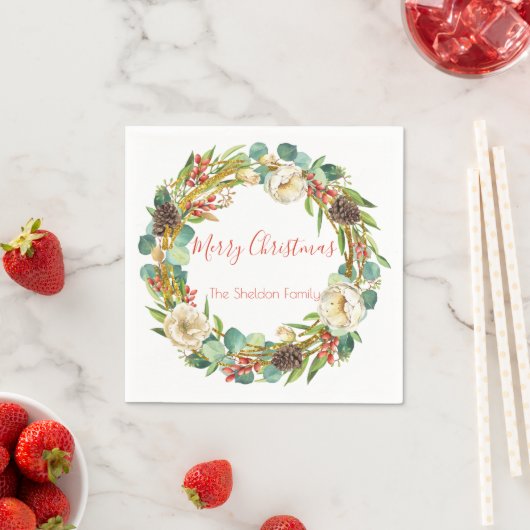 Elegant Magnolia, Pine and Berries Holiday Wreater Servet (Insitu)